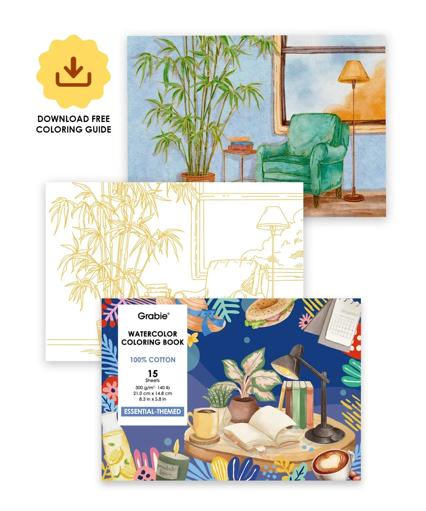 15 Sheets 140LB Essential-Themed Watercolor Coloring Book