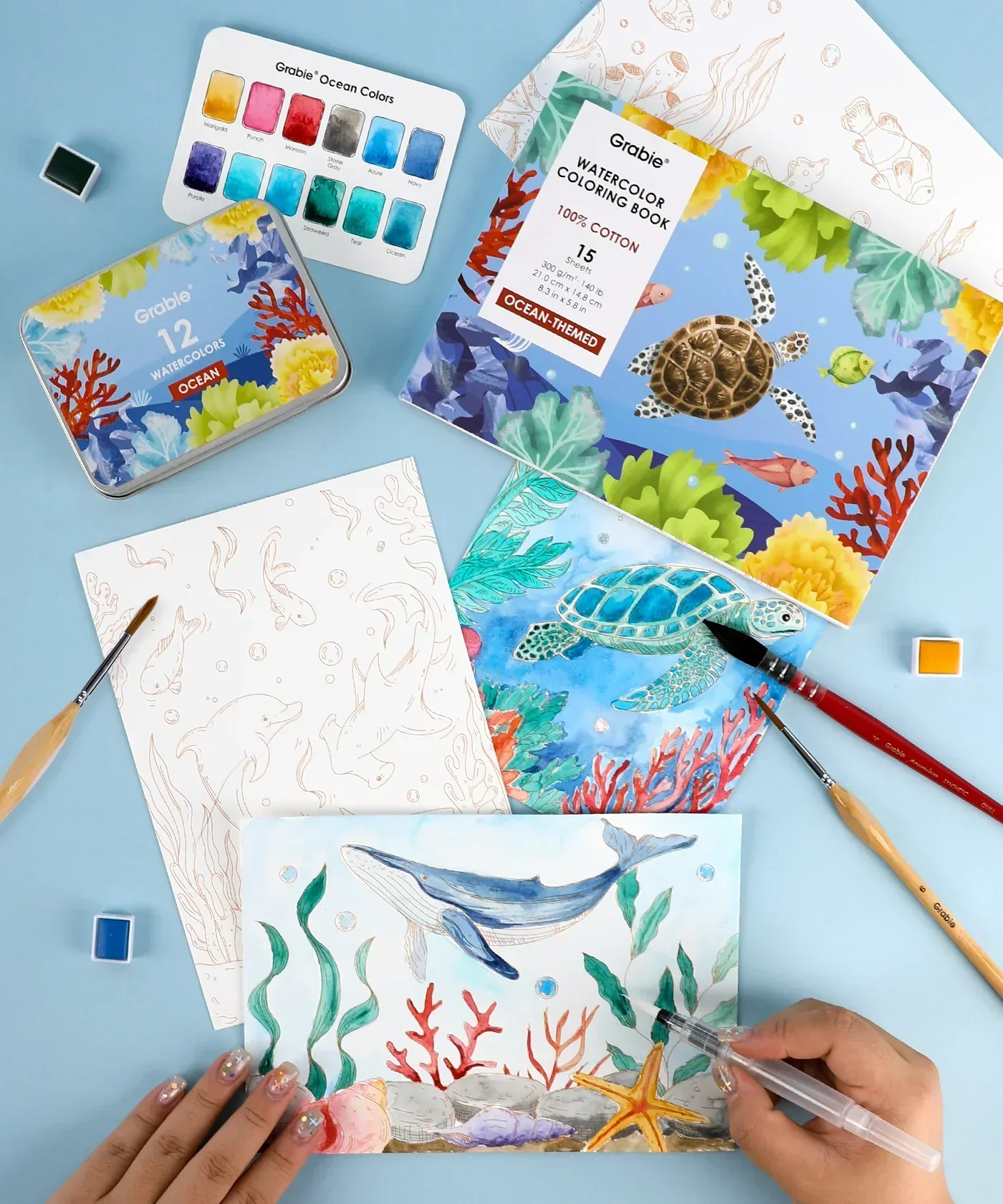 15 Sheets 140LB Ocean-Themed Watercolor Coloring Book - Image 6