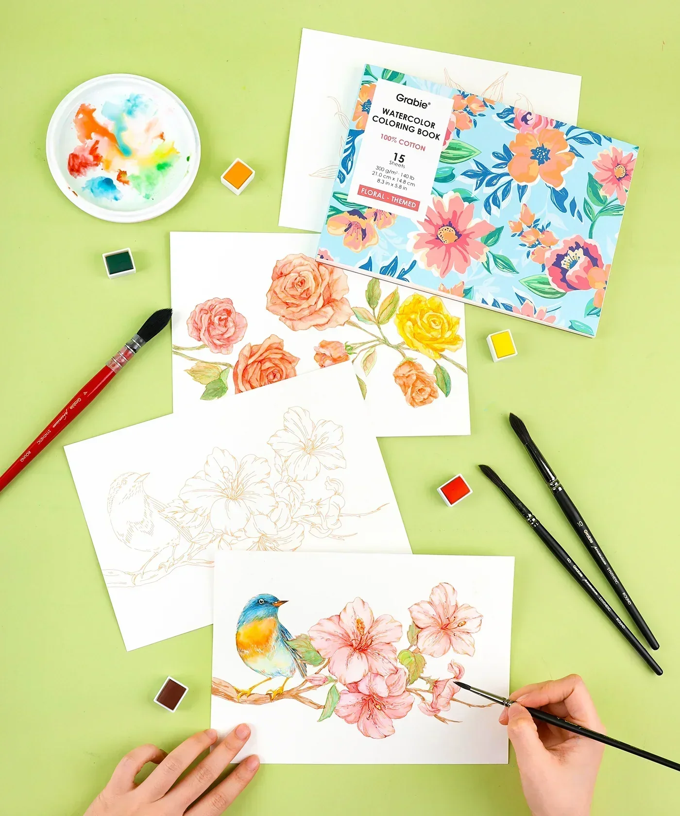15 Sheets 140LB Floral-Themed Watercolor Coloring Book - Image 6