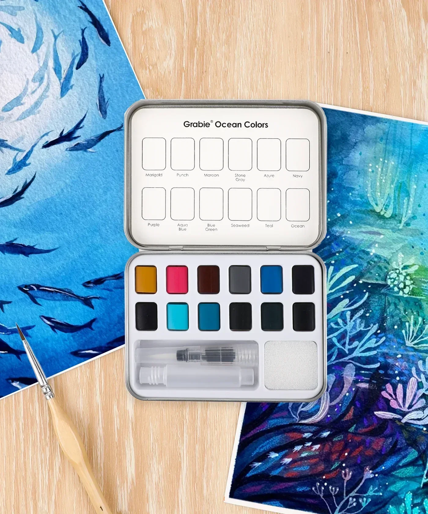 Watercolor Pocket Set Of 12 With Brush - Ocean Colors - Image 6